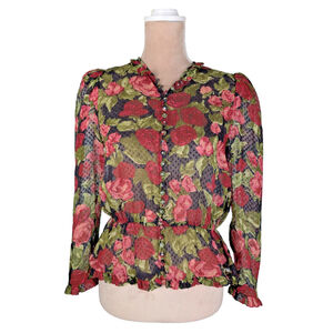 The Kooples Black Mesh Blouse with Red & Green Floral Print